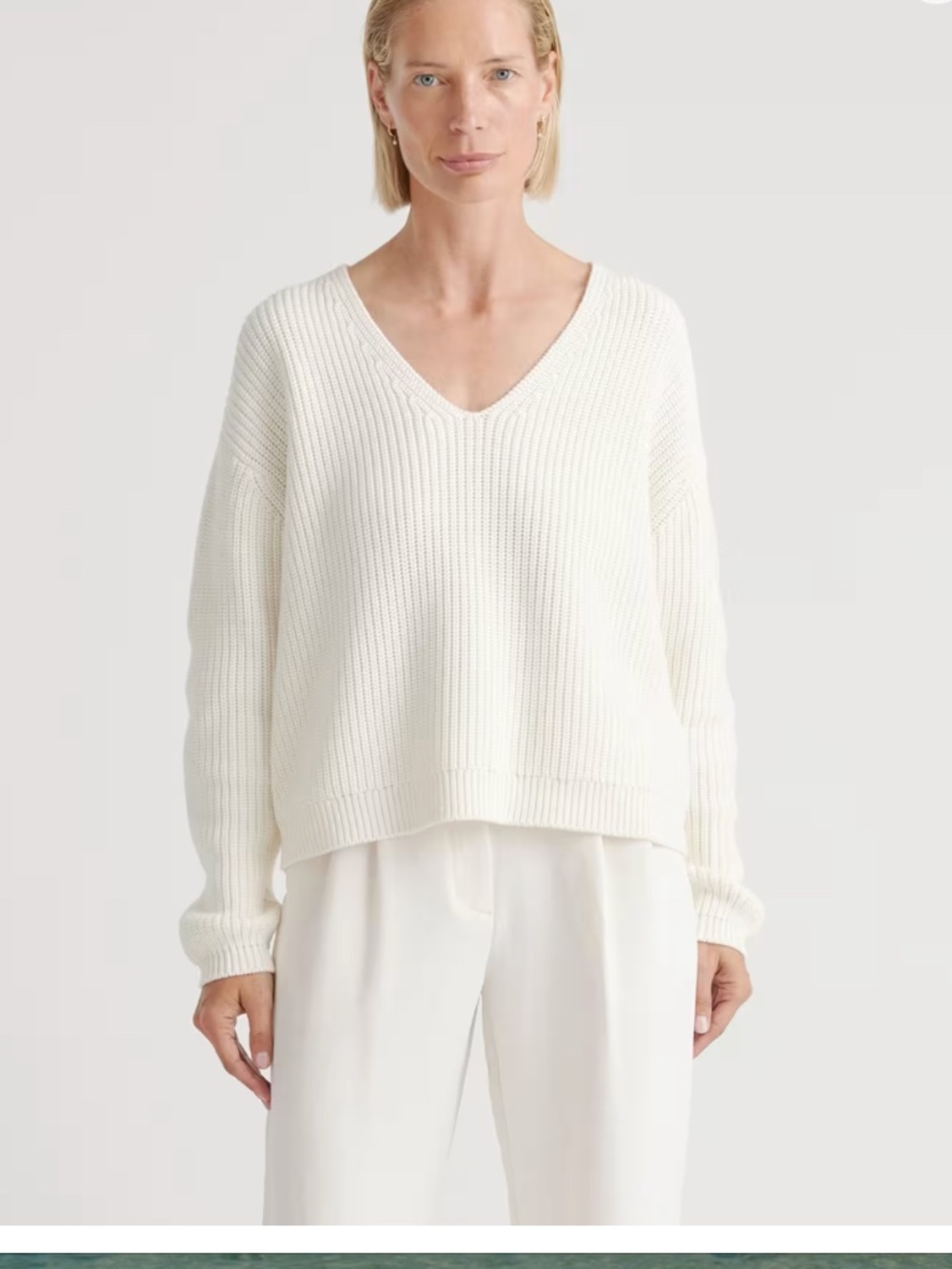 Quince 100% Organic Cotton Fisherman V-Neck Sweater - White - Medium